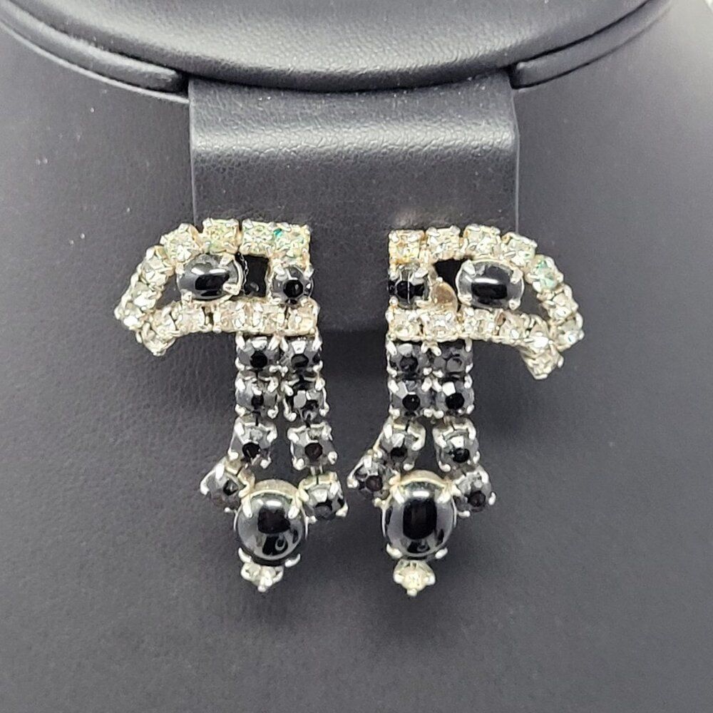 Vtg 40s Art Deco Black Rhinestone Clip-On Earrings Abstract Articulating Dangle